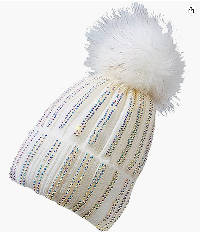 Womens Winter Sequin Beanie Hat Warm Knit Hat Thick Plush Lined Winter Cap hat Warmer for Girl White 1015